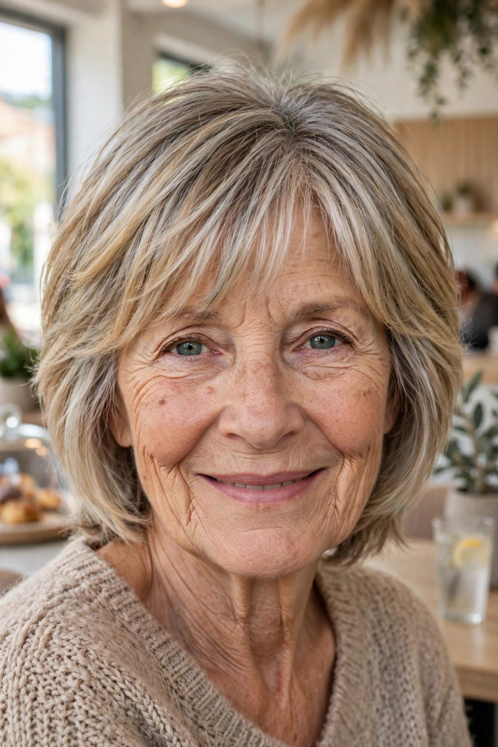 Layered short haircut for women over 60: Short Layers With A Long, Soft Fringe