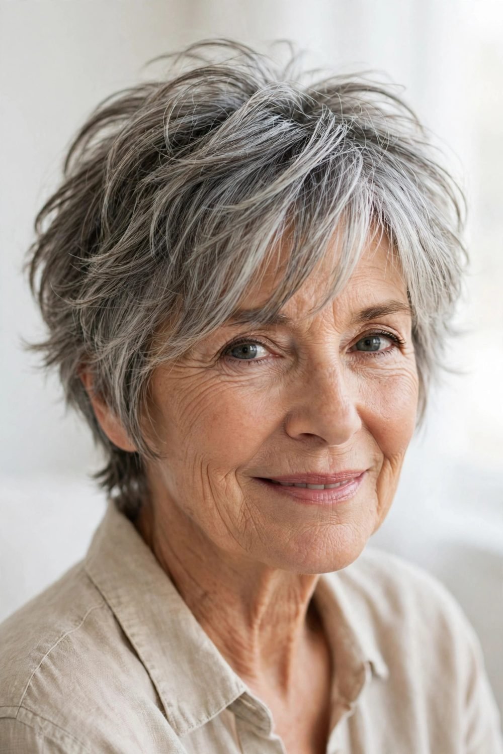 Layered short haircut for women over 60: Tousled Layered Crop With Piecey Ends