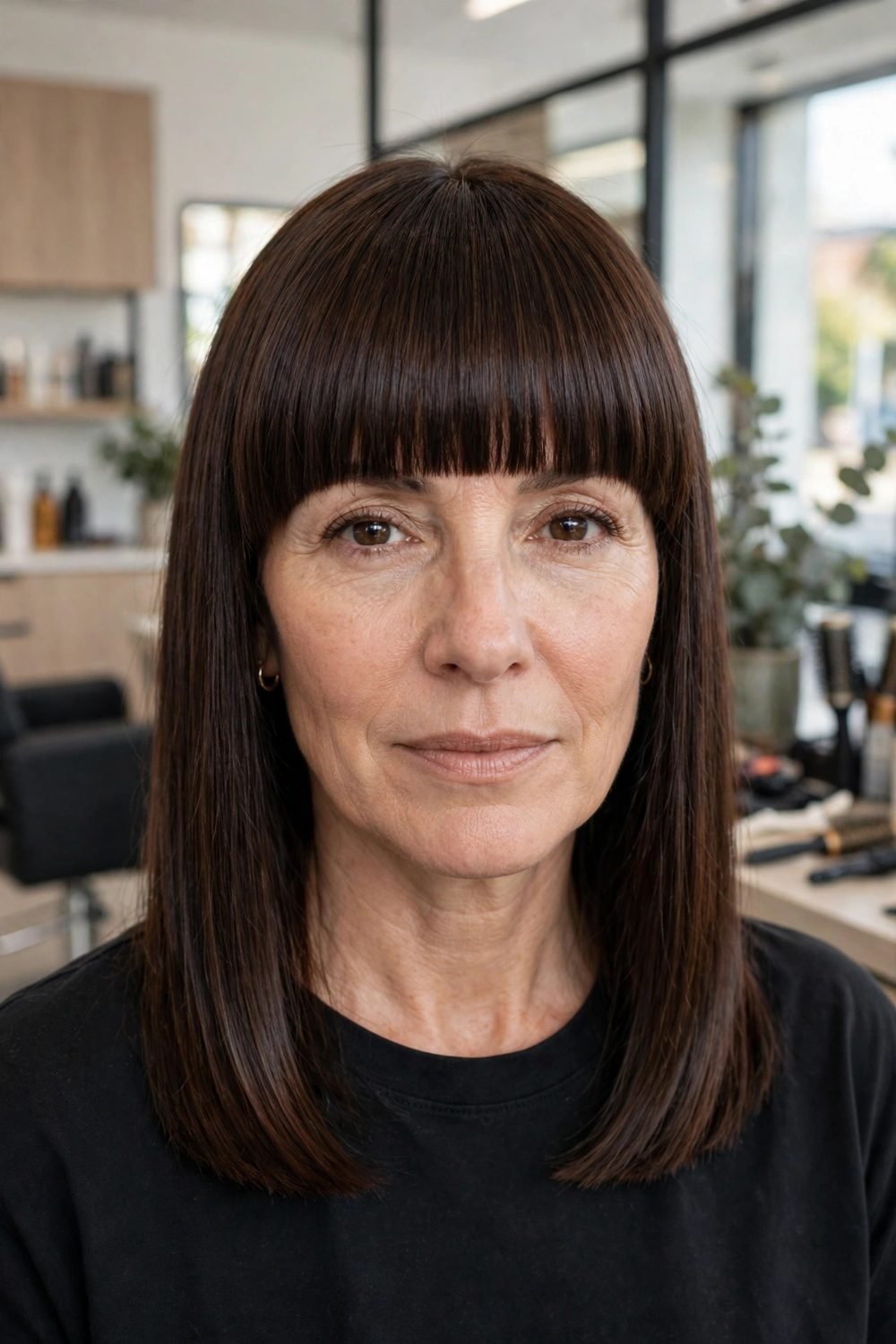 Medium hair with blunt bangs for women over 40: Sleek Straight Lob With A Full Blunt Fringe