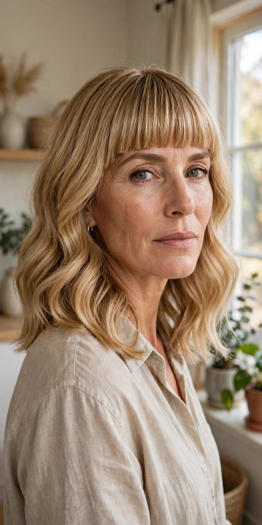 Medium hair with blunt bangs for women over 40: Soft Body Waves With A Straight Across Bang