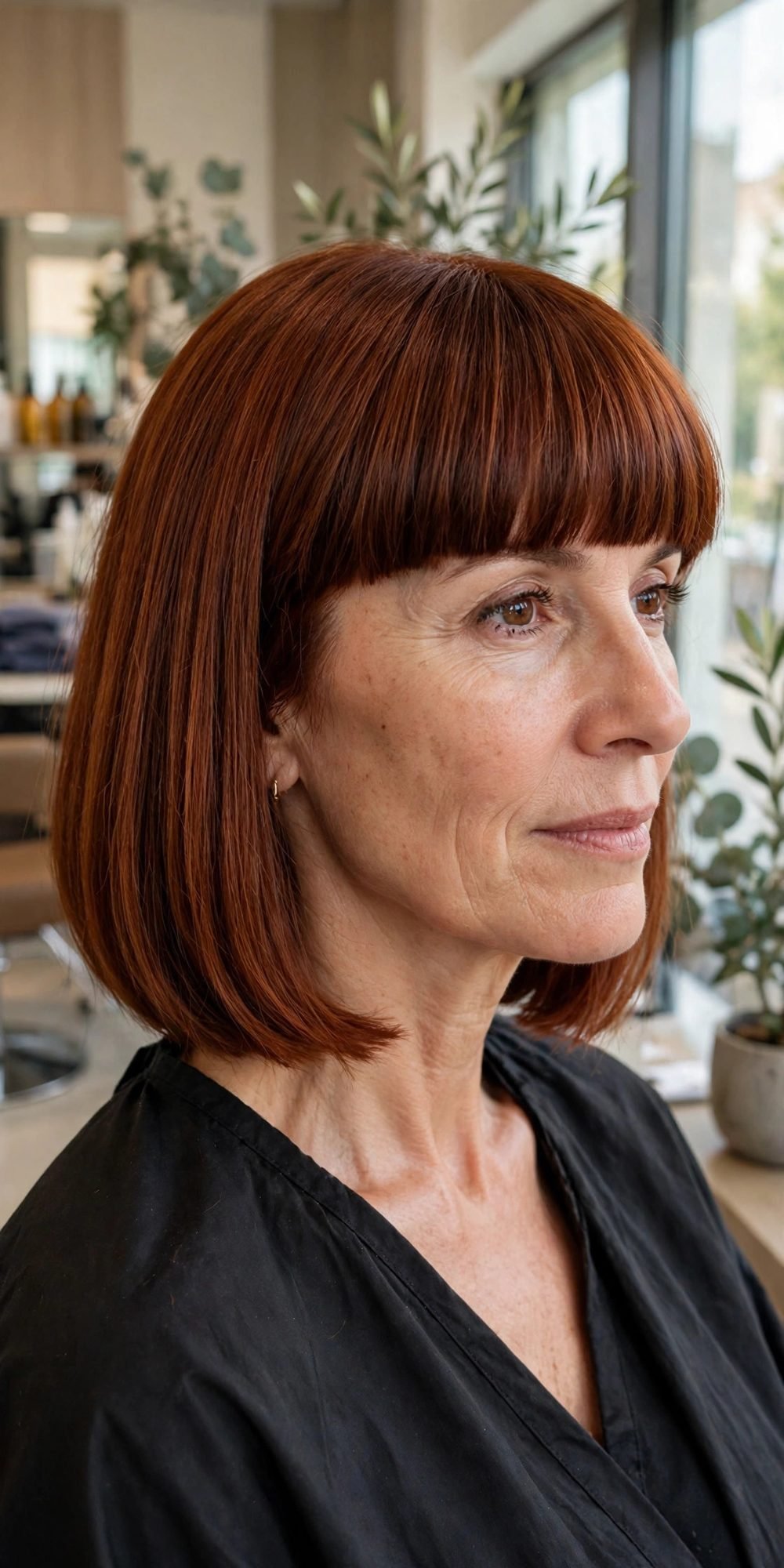 Medium hair with blunt bangs for women over 40: Collarbone Length Bob With Thick Blunt Bangs