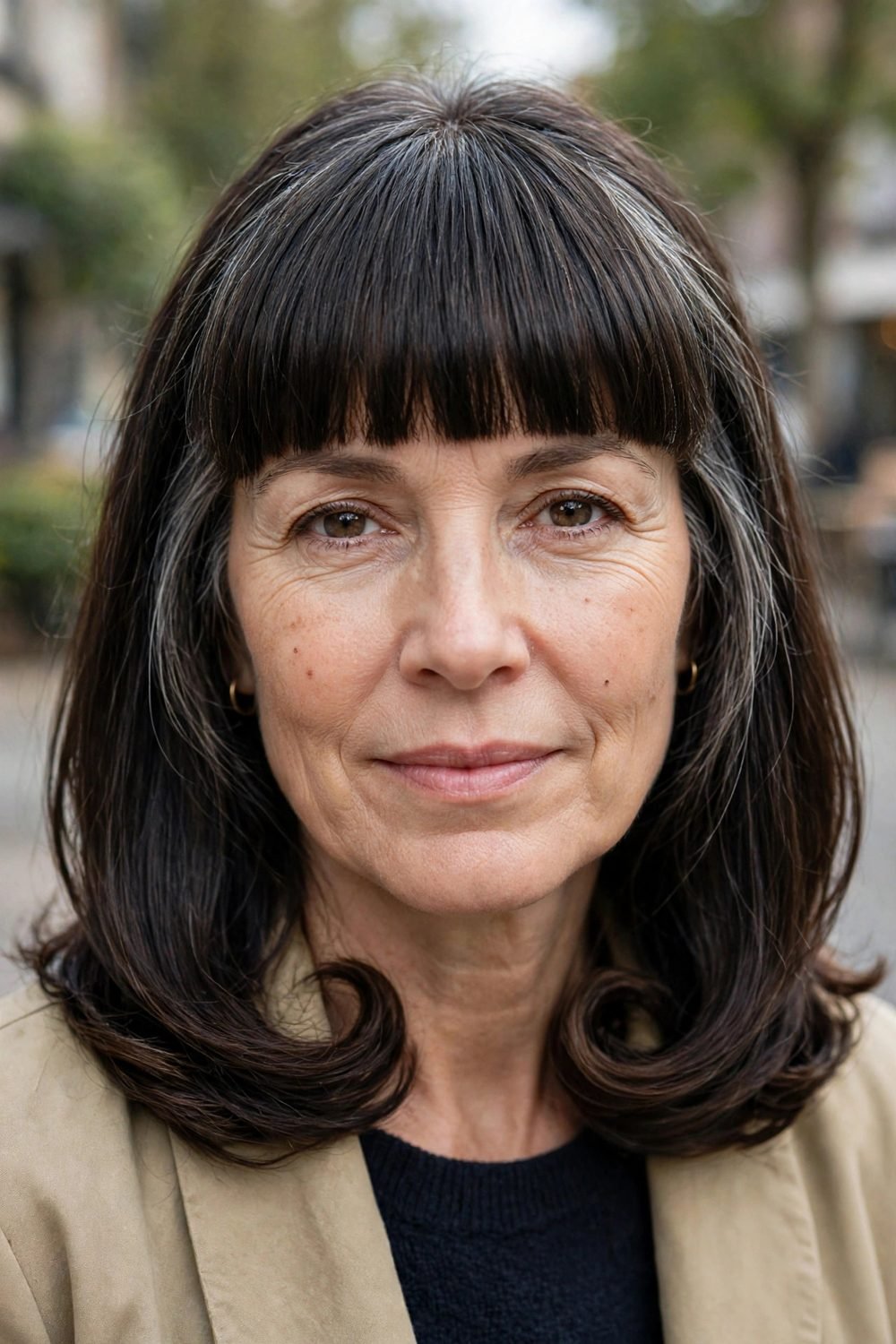 Medium hair with blunt bangs for women over 40: Curled Under Ends With A Heavy Solid Fringe