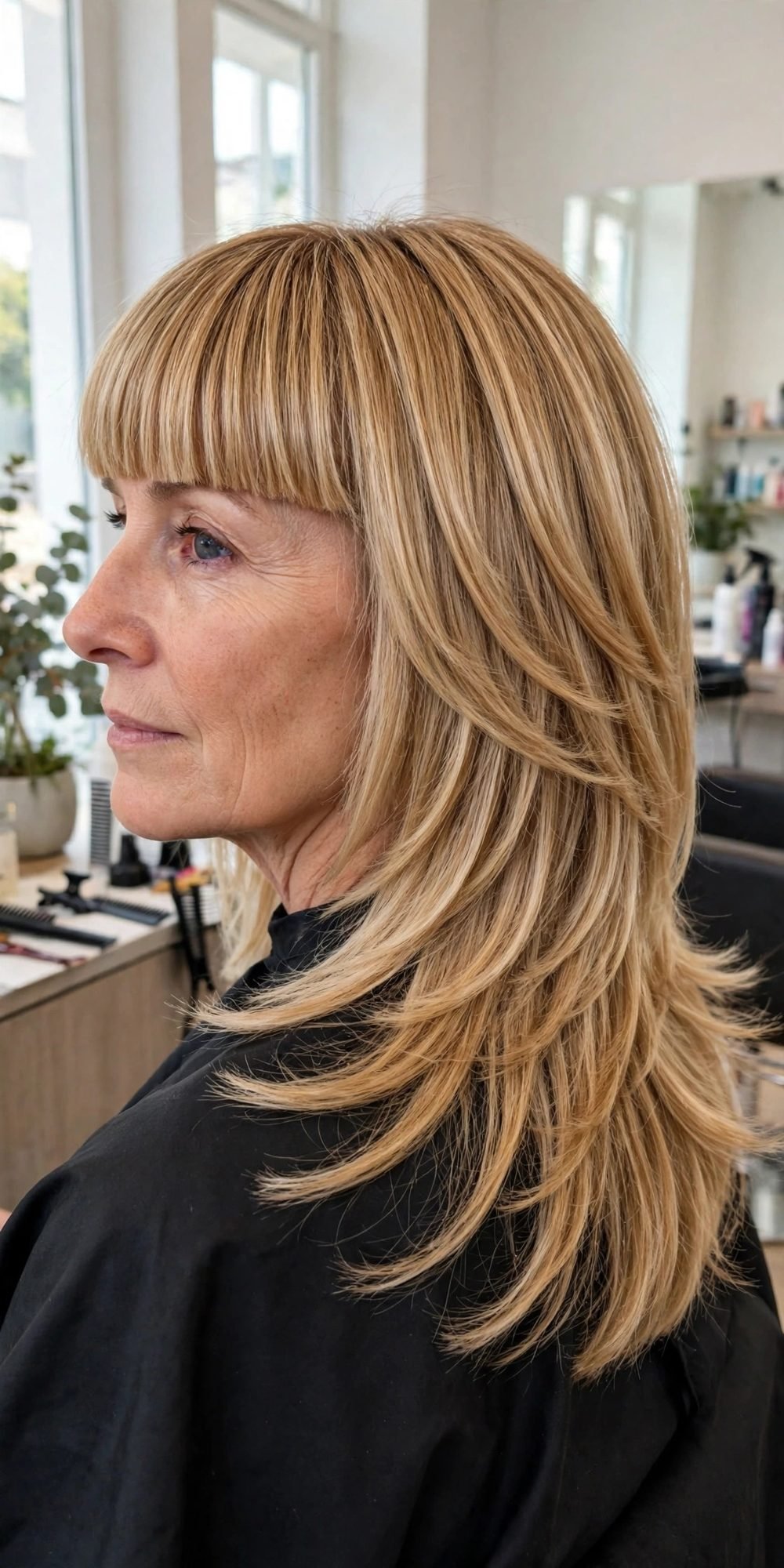 Medium hair with blunt bangs for women over 40: Long Layers At The Back With A Clean Blunt Front