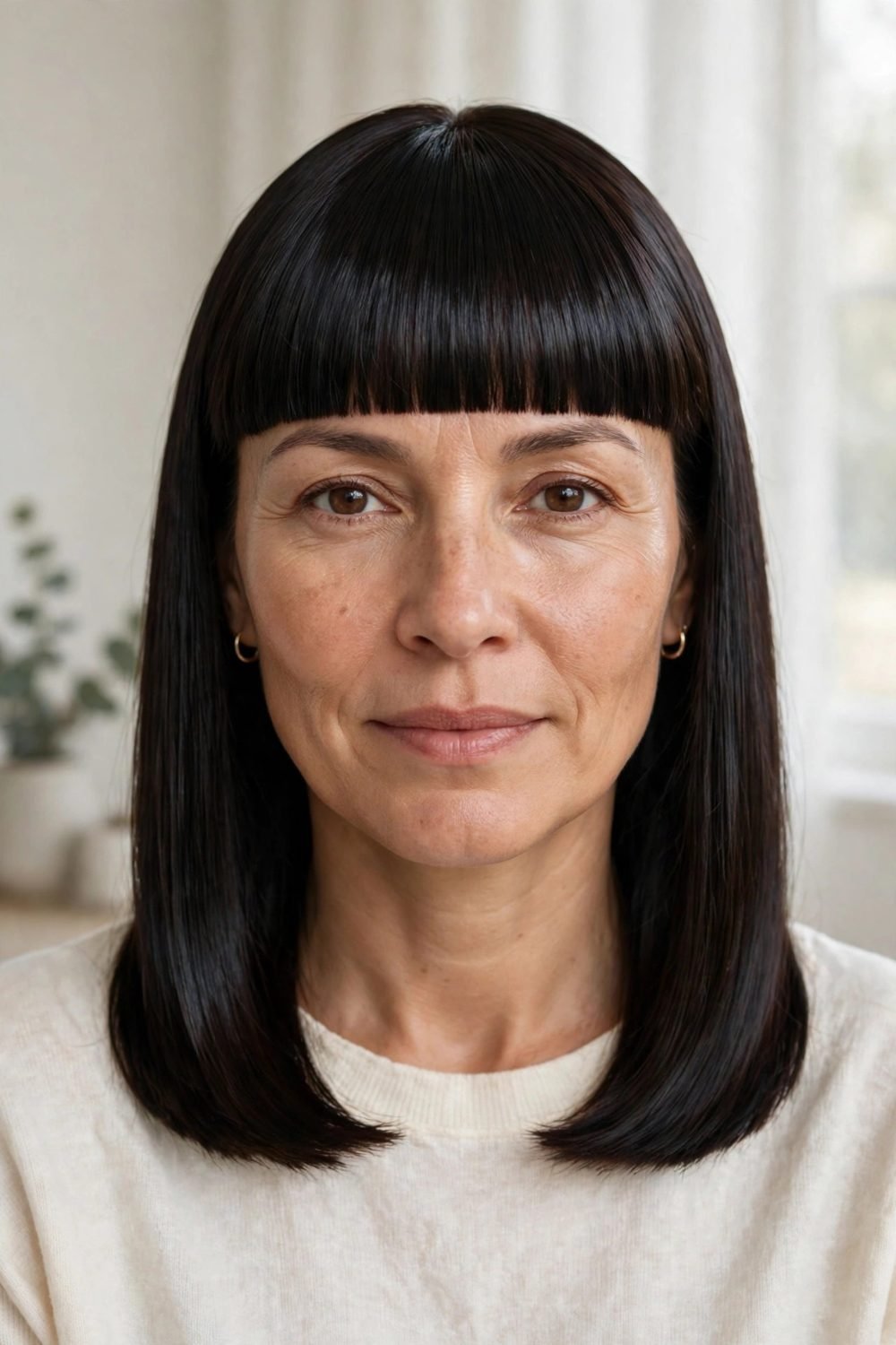 Medium hair with blunt bangs for women over 40: Glossy Glass Hair With A Sharp Fringe Line