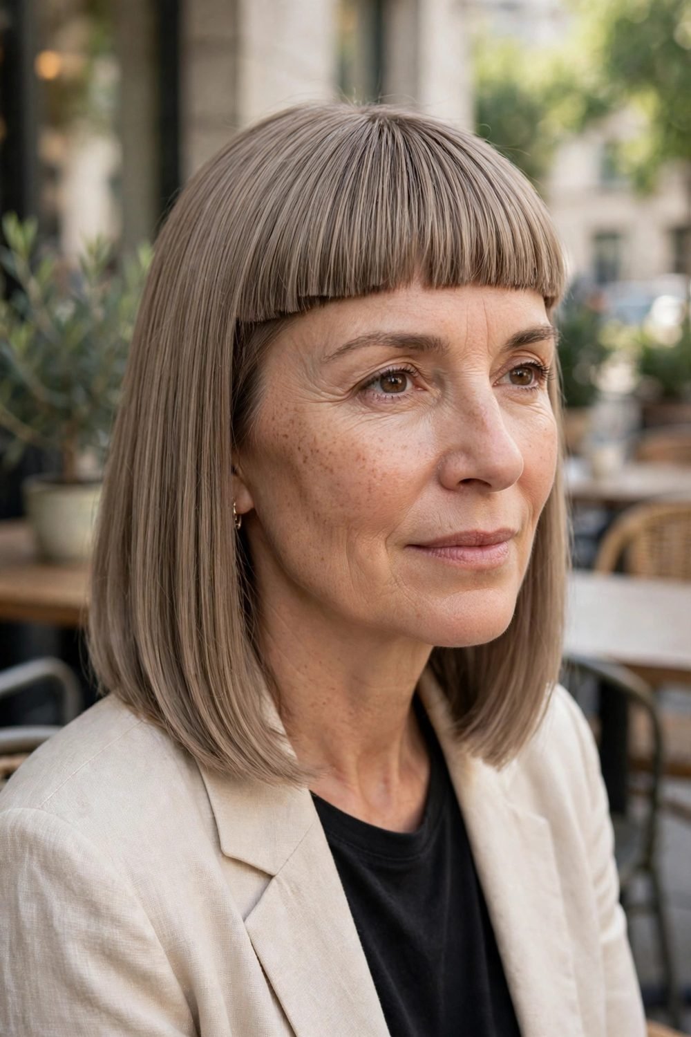 Medium hair with blunt bangs for women over 40: Micro Blunt Bangs With A Smooth Shoulder Cut