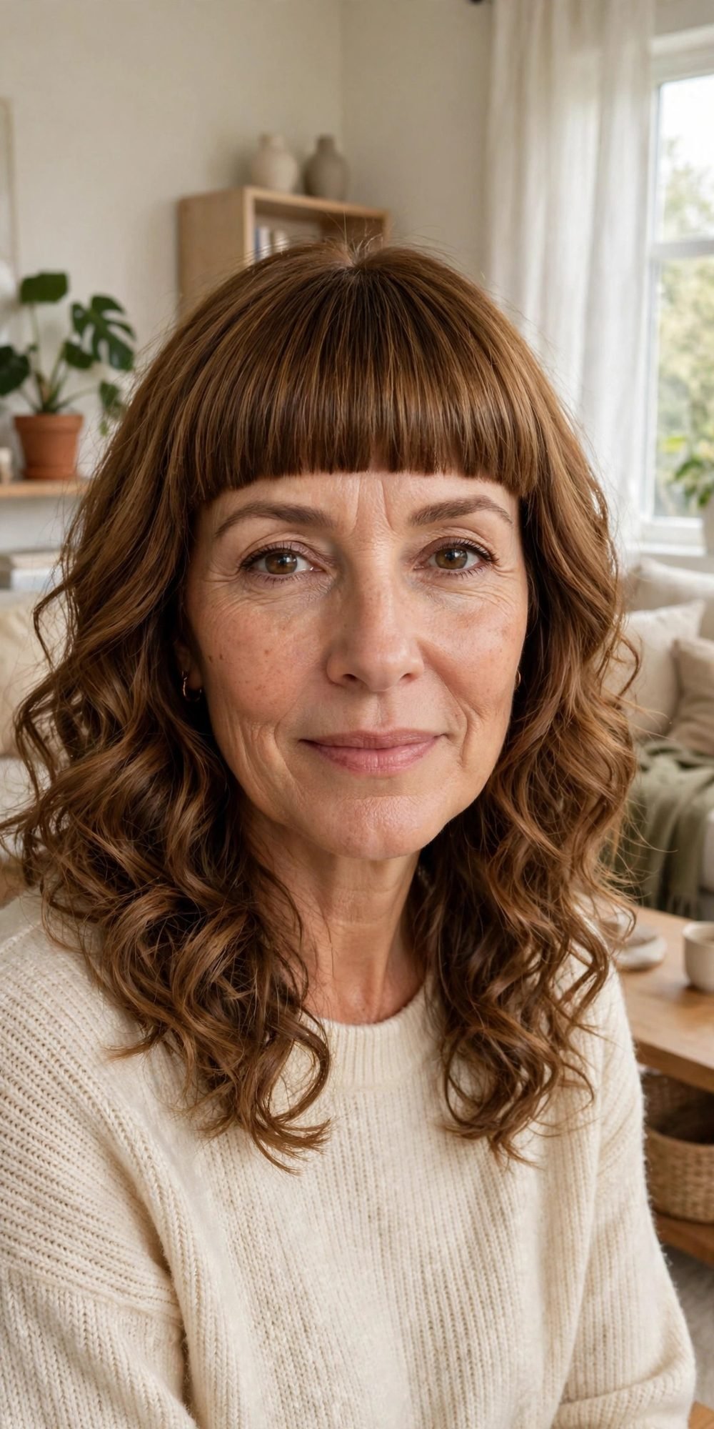 Medium hair with blunt bangs for women over 40: Loose Curls With A Bold Straight Fringe