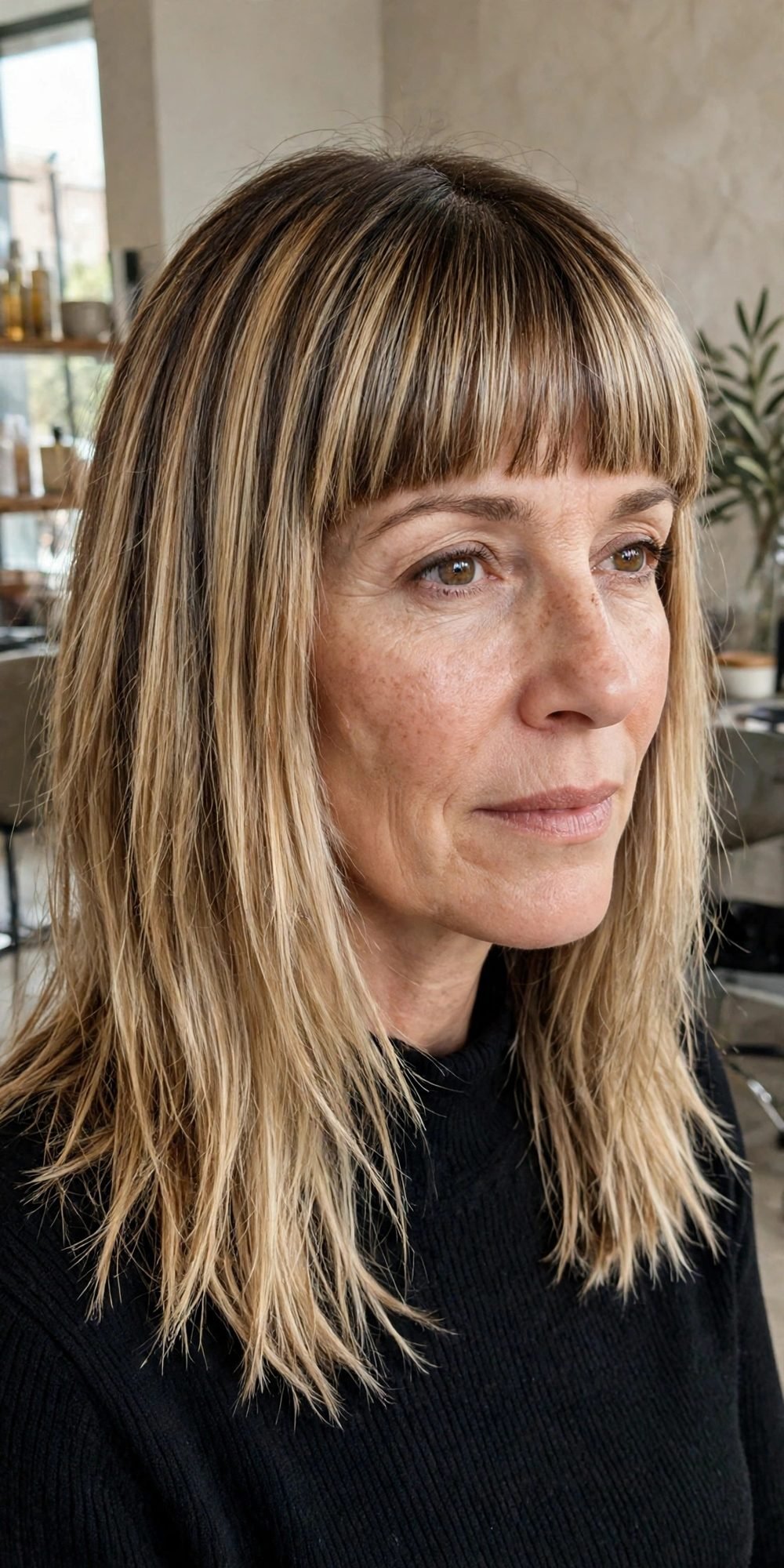 Medium hair with blunt bangs for women over 40: Textured Ends With A Strong Blunt Fringe