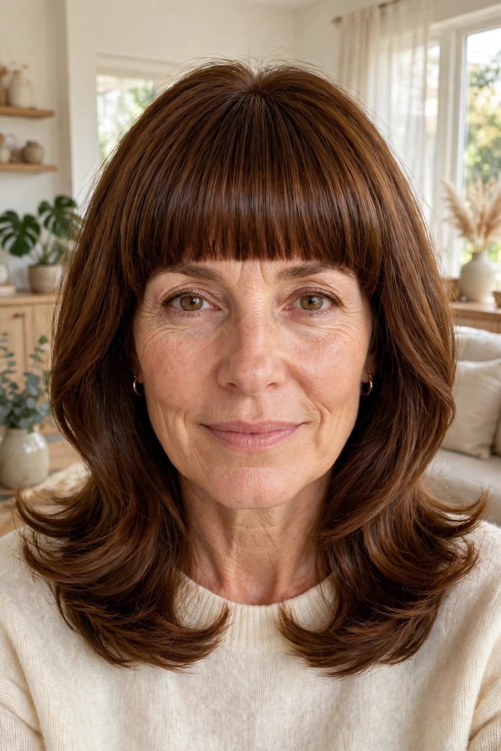 Medium hair with blunt bangs for women over 40: Blunt Bangs With A Smooth Blowout Finish