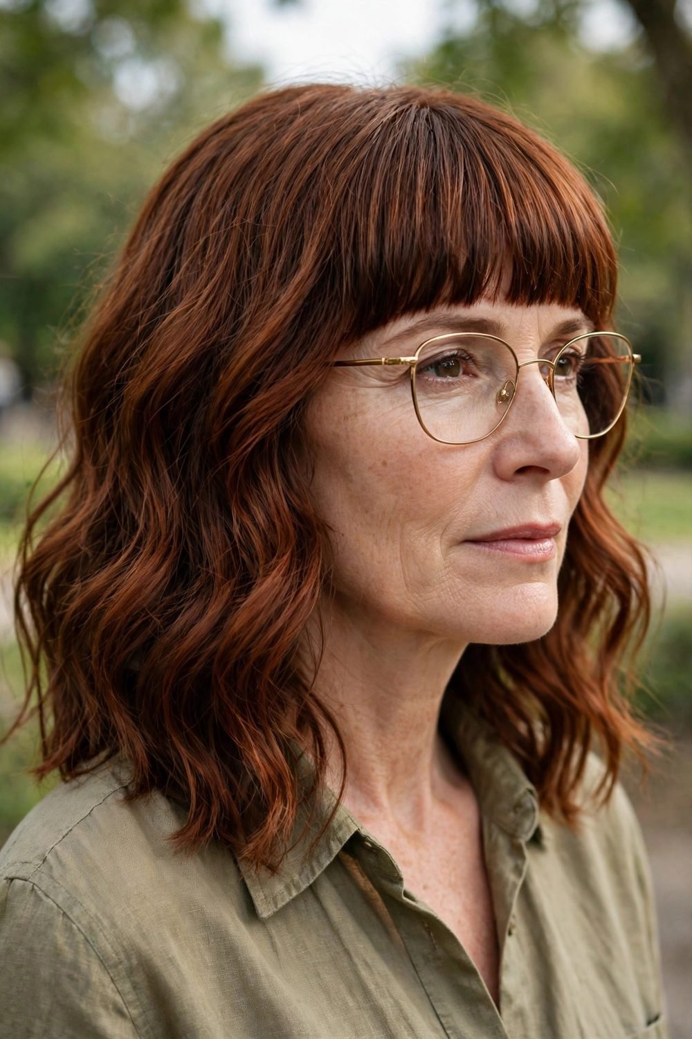Medium hair with blunt bangs for women over 40: Wavy Lob With A Thick Brow Skimming Fringe