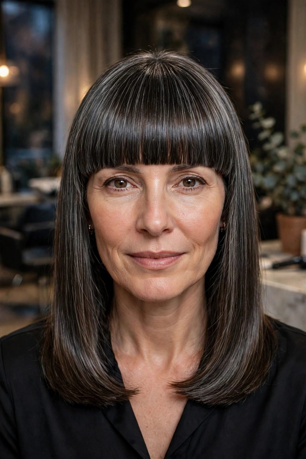 Medium hair with blunt bangs for women over 40: Medium Hair With Blunt Bangs Over 40 Worn With A Sleek Glass Finish