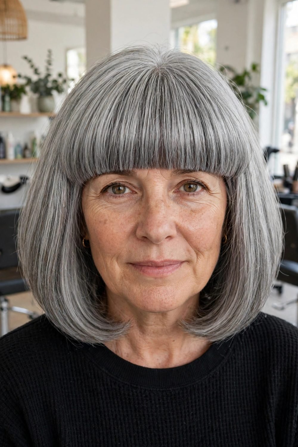 Medium hair with blunt bangs for women over 40: Rounded Silhouette With A Dense Straight Bang