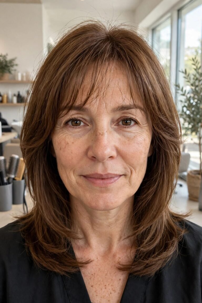 Medium hair with wispy bangs for women over 40: Classic Lob With Feathered Wisps