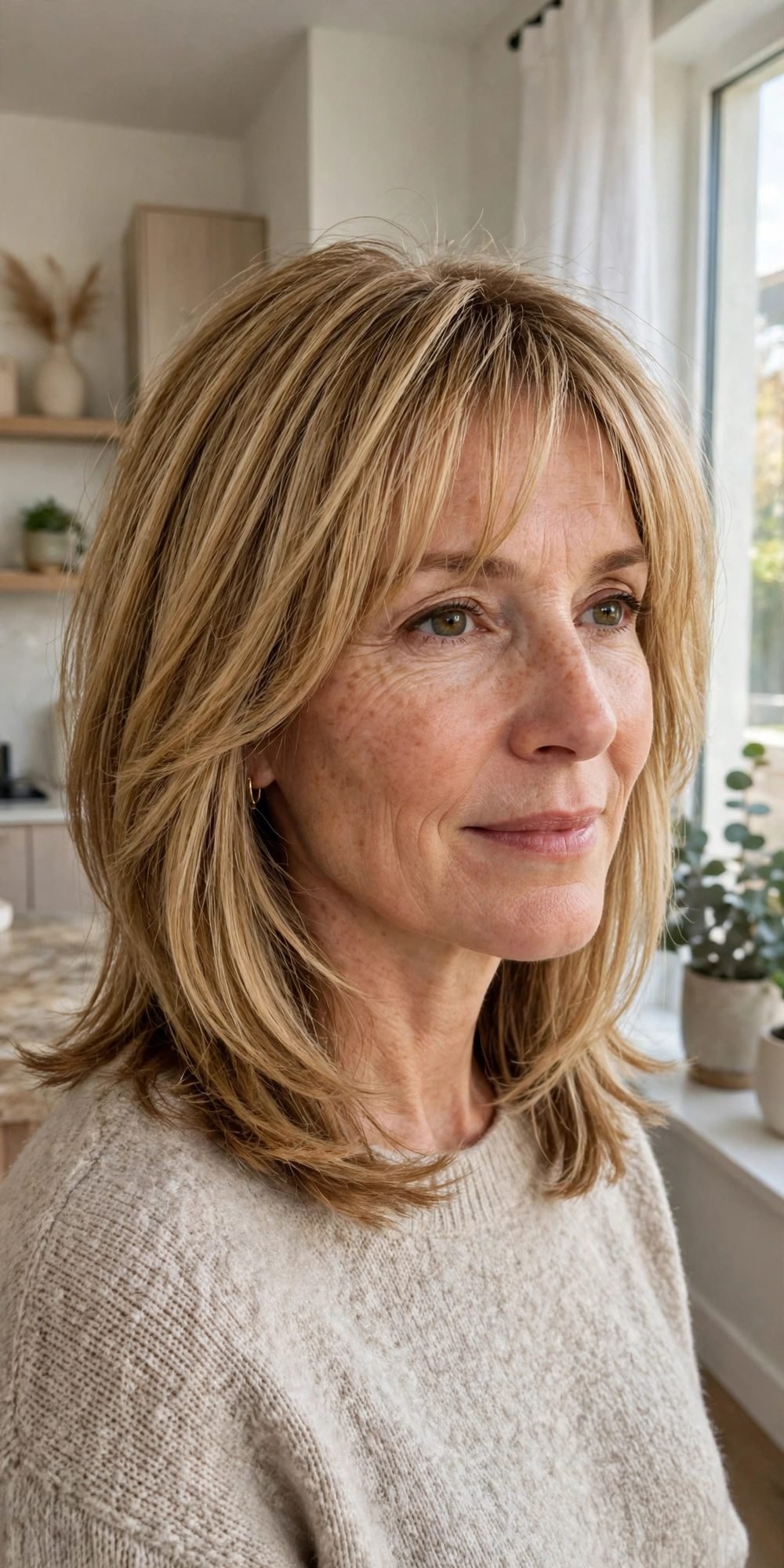 Medium hair with wispy bangs for women over 40: Layered Shoulder Cut With Airy Bangs