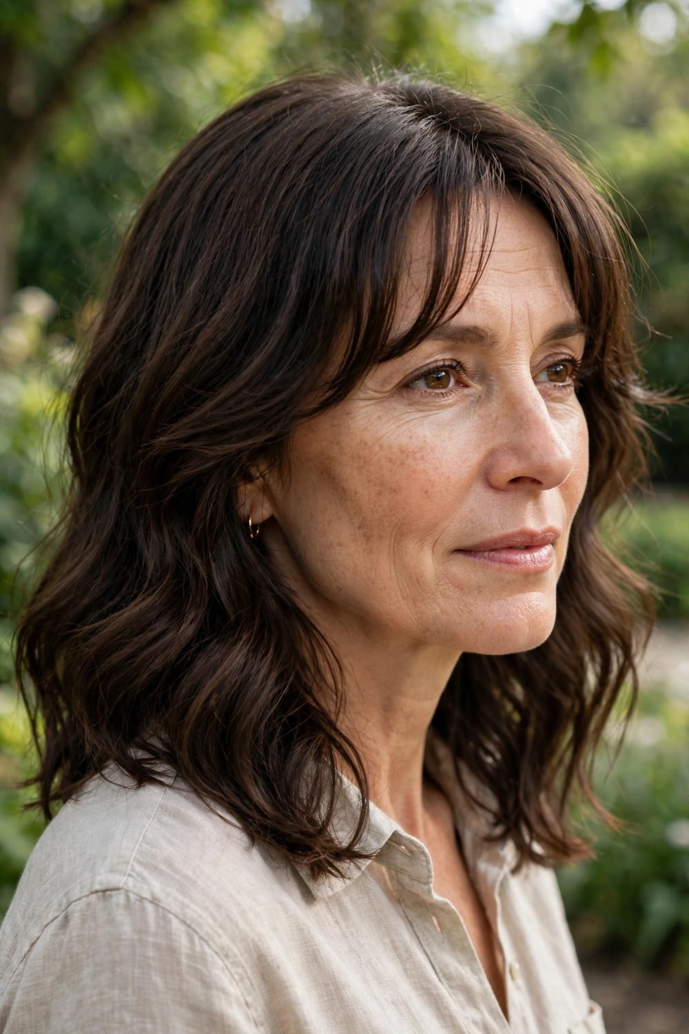 Medium hair with wispy bangs for women over 40: Curtain Wisps With Soft Waves