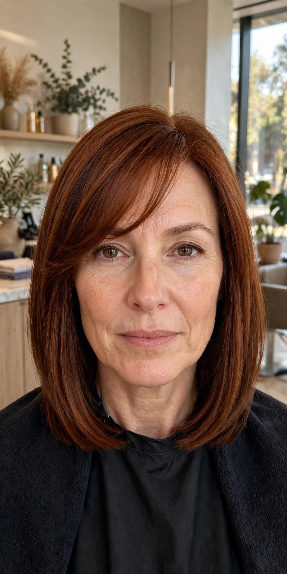 Medium hair with wispy bangs for women over 40: Side Swept Wisps On A Sleek Bob