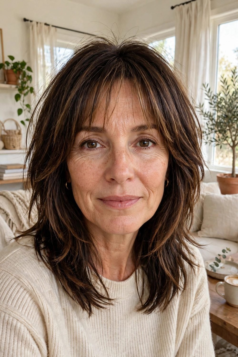 Medium hair with wispy bangs for women over 40: Relaxed Shag With Piecey Bangs