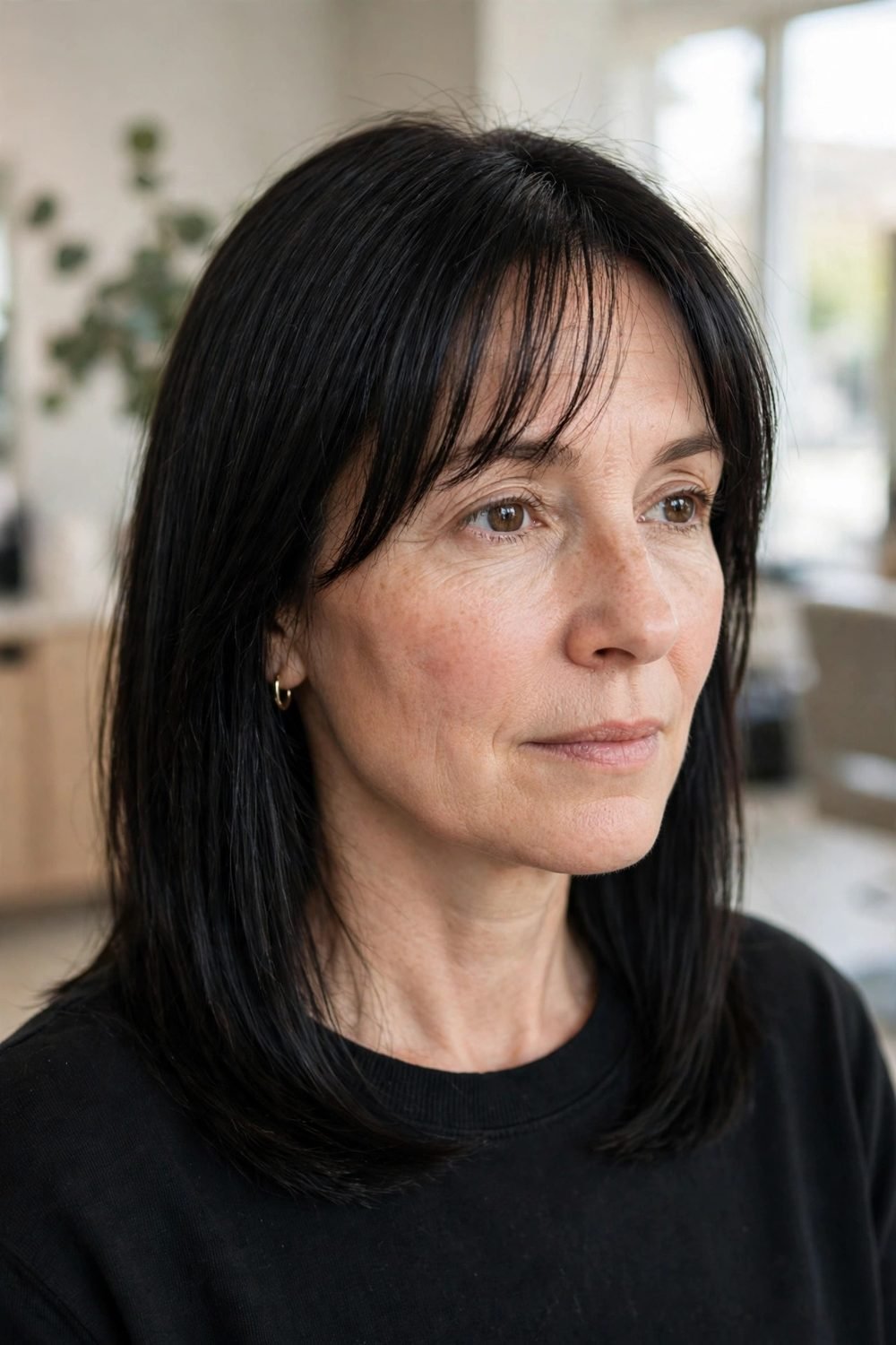 Medium hair with wispy bangs for women over 40: Straight And Smooth With Brow Skimming Wisps