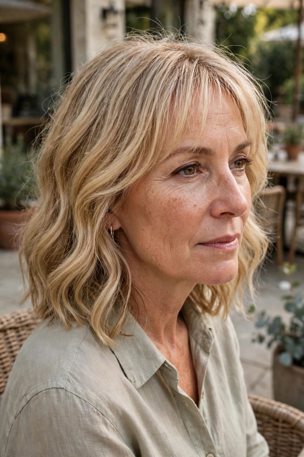 Medium hair with wispy bangs for women over 40: Wavy Lob With See Through Bangs