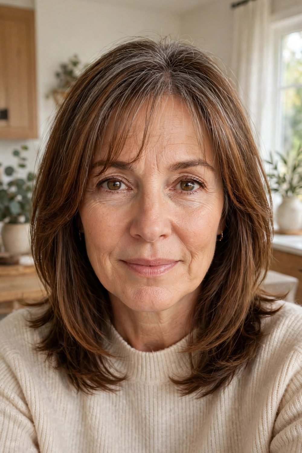 Medium hair with wispy bangs for women over 40: Face Framing Layers With A Whisper Fringe