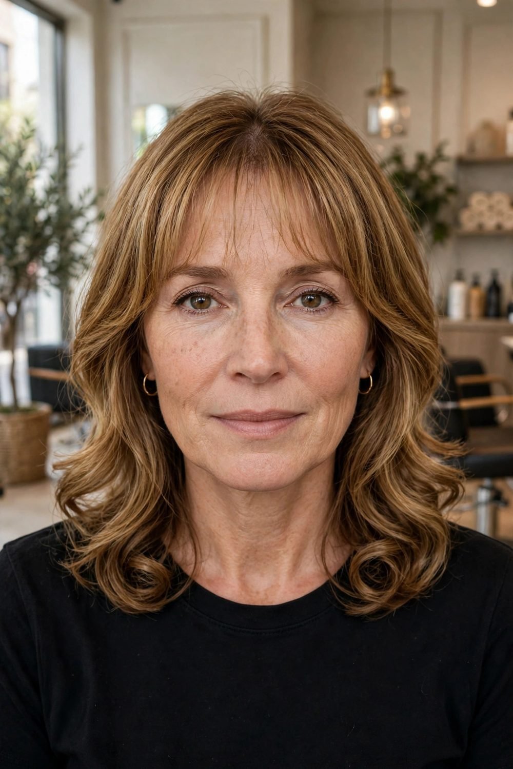 Medium hair with wispy bangs for women over 40: Curled Ends With A Soft Center Fringe