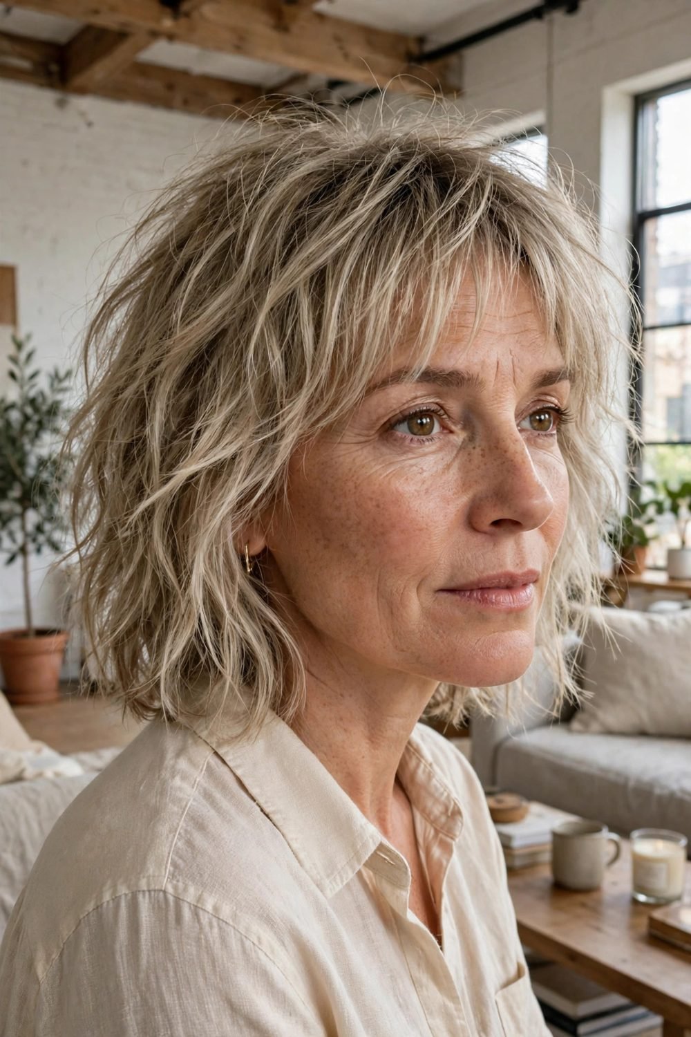 Medium hair with wispy bangs for women over 40: Textured Midi Cut With Choppy Wisps