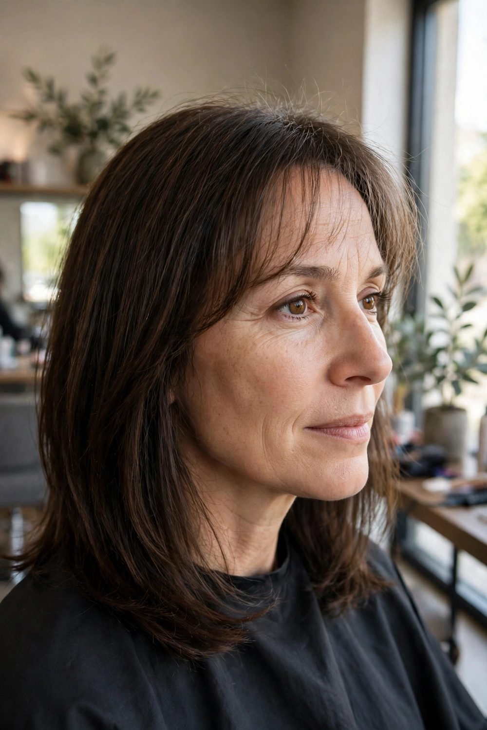 Medium hair with wispy bangs for women over 40: Gentle A Line Cut With Feathered Bangs