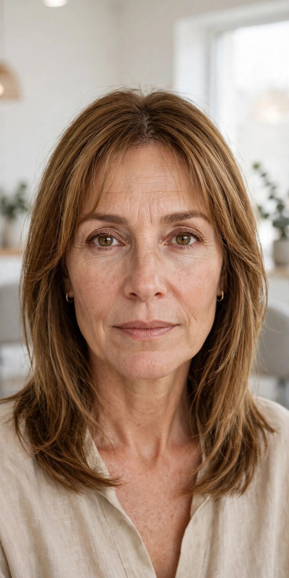 Medium hair with wispy bangs for women over 40: Medium Hair With Wispy Bangs Over 40 Styled With A Soft Middle Part