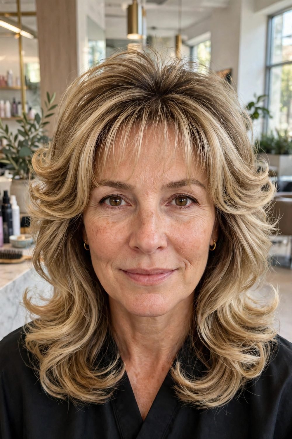 Medium hair with wispy bangs for women over 40: Voluminous Blowout With Airy Fringe