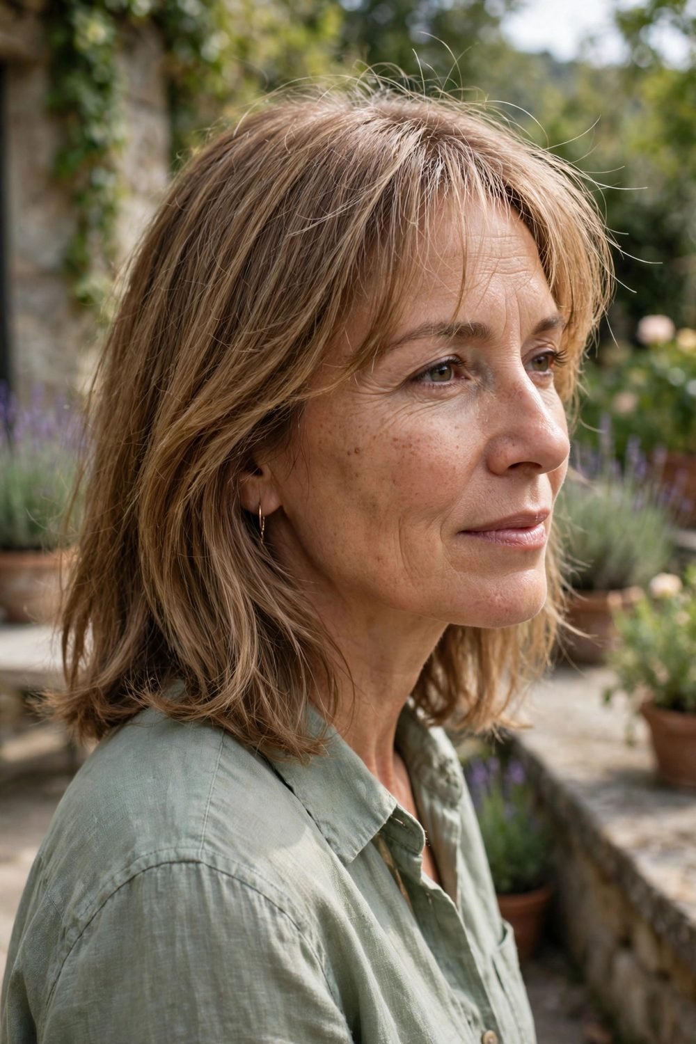 Medium hair with wispy bangs for women over 40: Soft Shoulder Length Cut With Baby Wisps