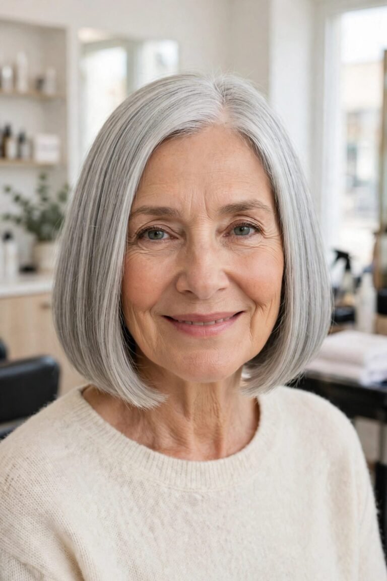 Short haircut for women over 60 with a long face: Blunt Chin Length Bob With Full Sides