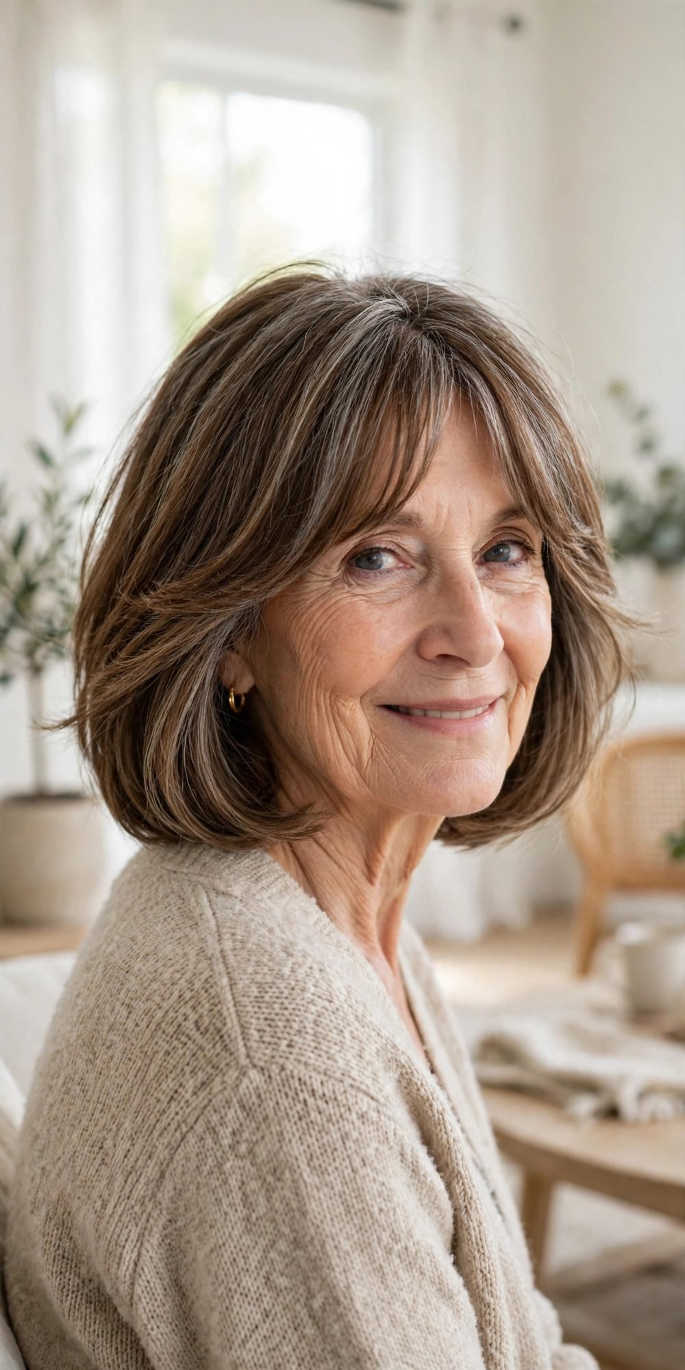 Short haircut for women over 60 with a long face: Layered Bob With Curtain Bangs