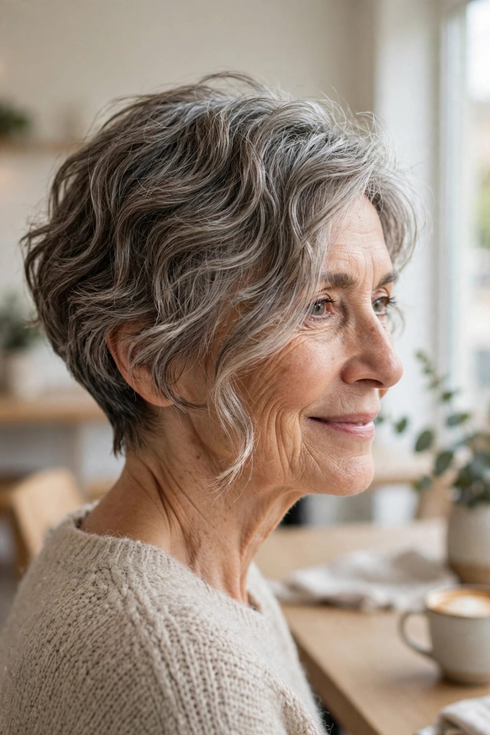 Short haircut for women over 60 with a long face: Wavy Pixie Bob With Side Volume