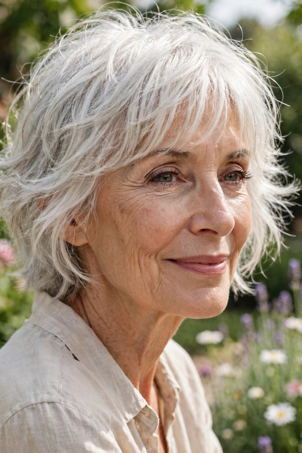 Short haircut for women over 60 with a long face: Short Shag With Cheek Grazing Layers