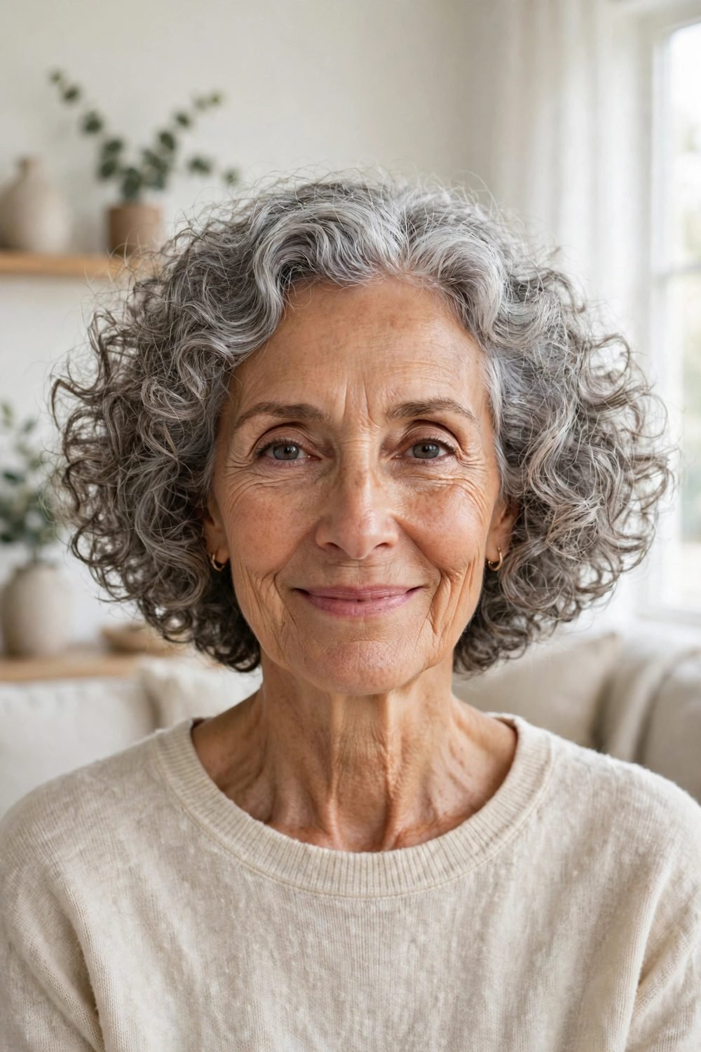 Short haircut for women over 60 with a long face: Rounded Curly Bob