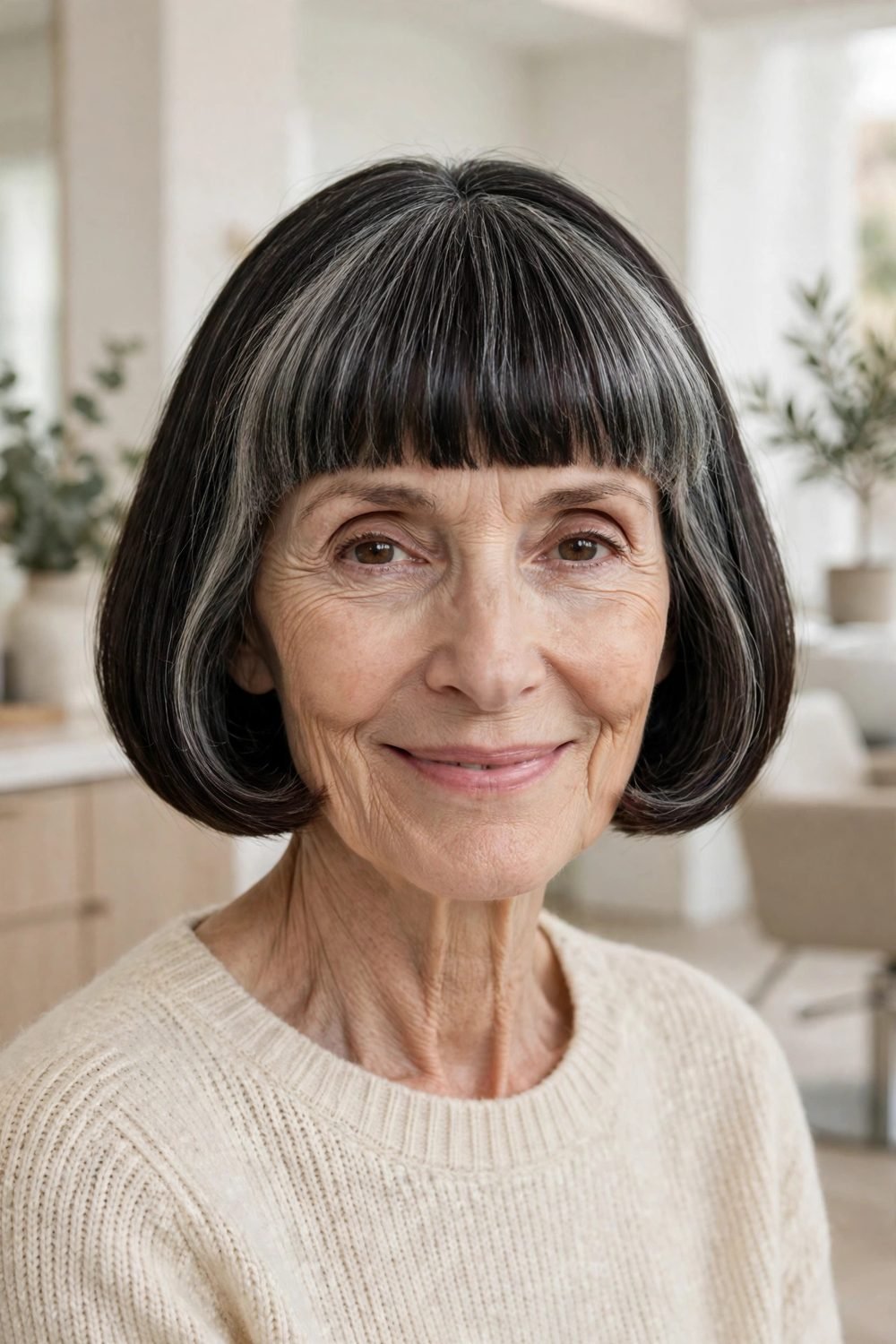 Short haircut for women over 60 with a long face: French Bob With A Full Straight Fringe