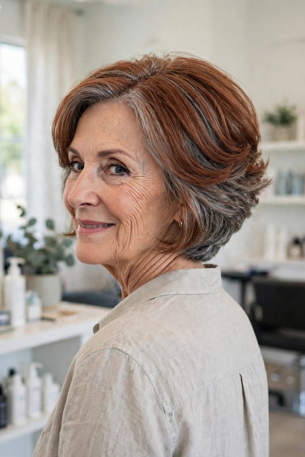 Short haircut for women over 60 with a long face: Stacked Bob With Ends Flipped Out