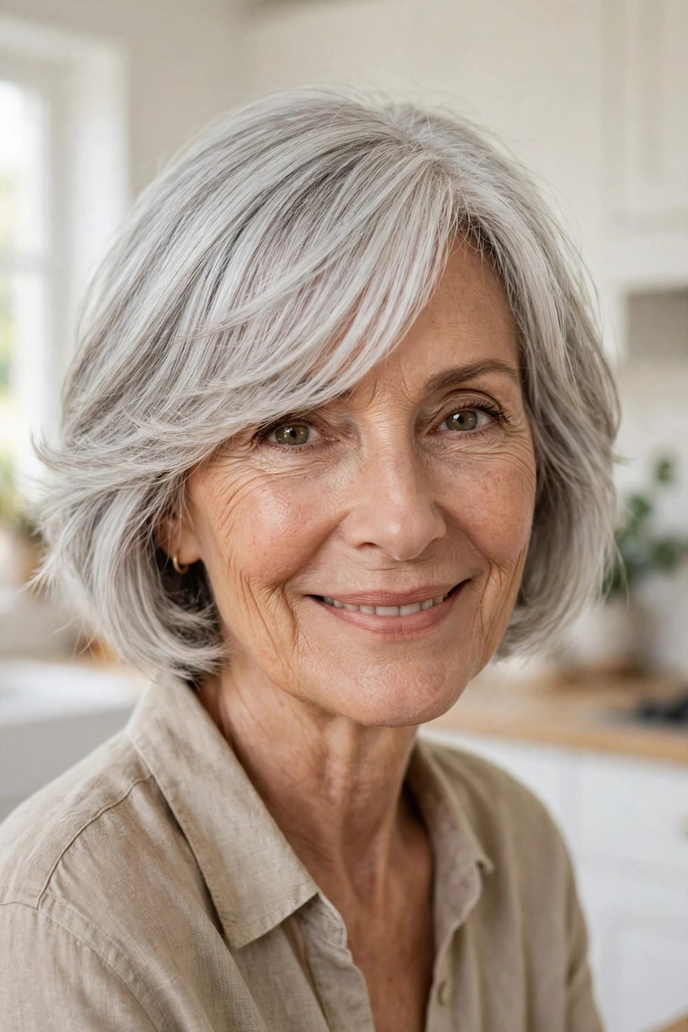 Short haircut for women over 60 with a long face: Ear Length Crop With A Wide Side Fringe