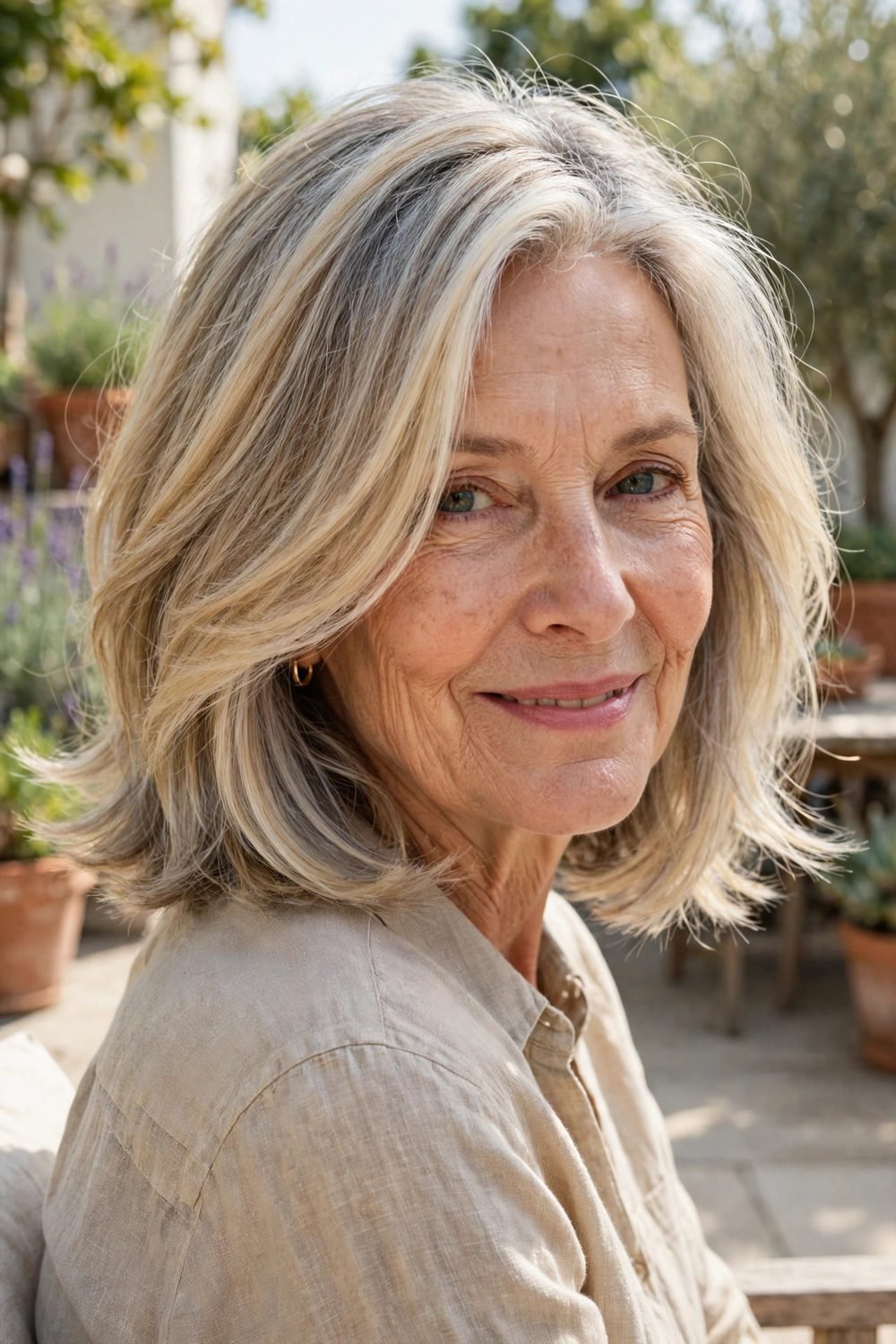 Short haircut for women over 60 with a long face: Soft Feathered Bob With Layers At The Cheeks