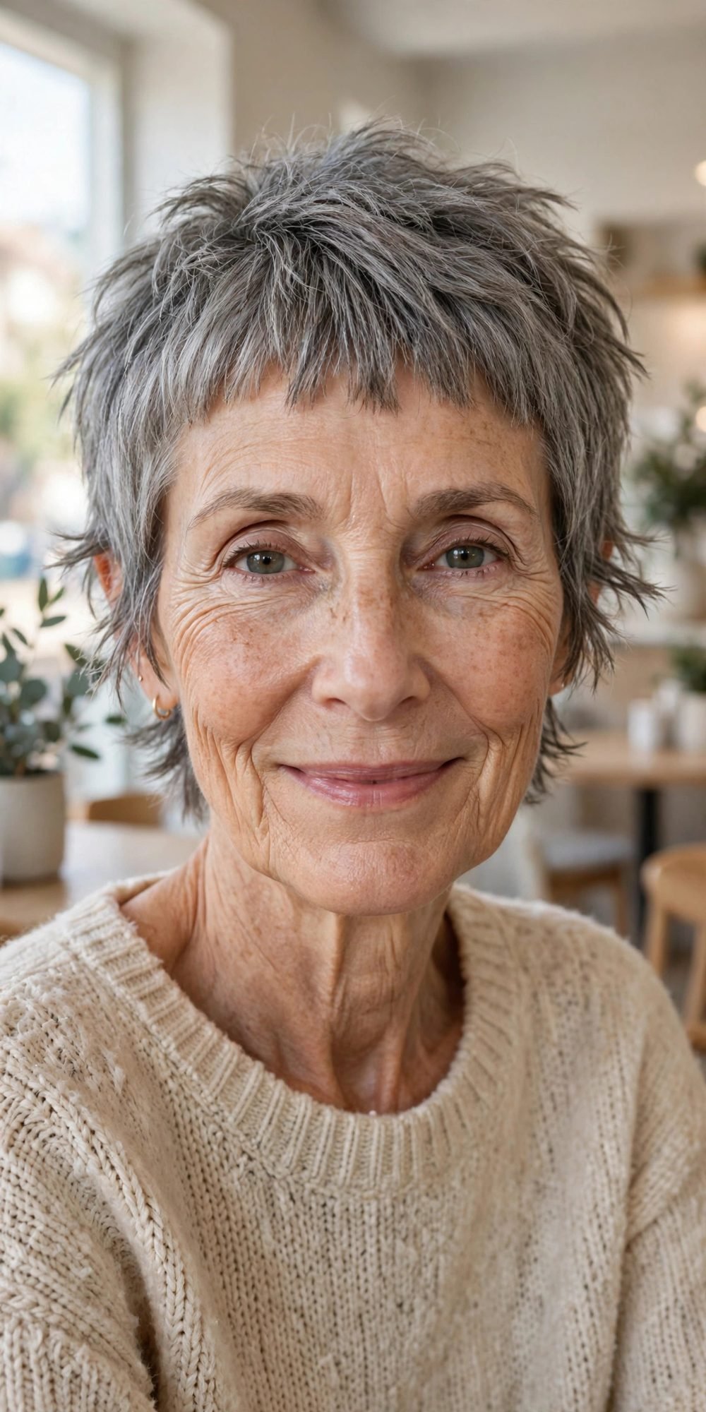 Short haircut for women over 60 with a long face: Textured Crop With A Choppy Straight Fringe