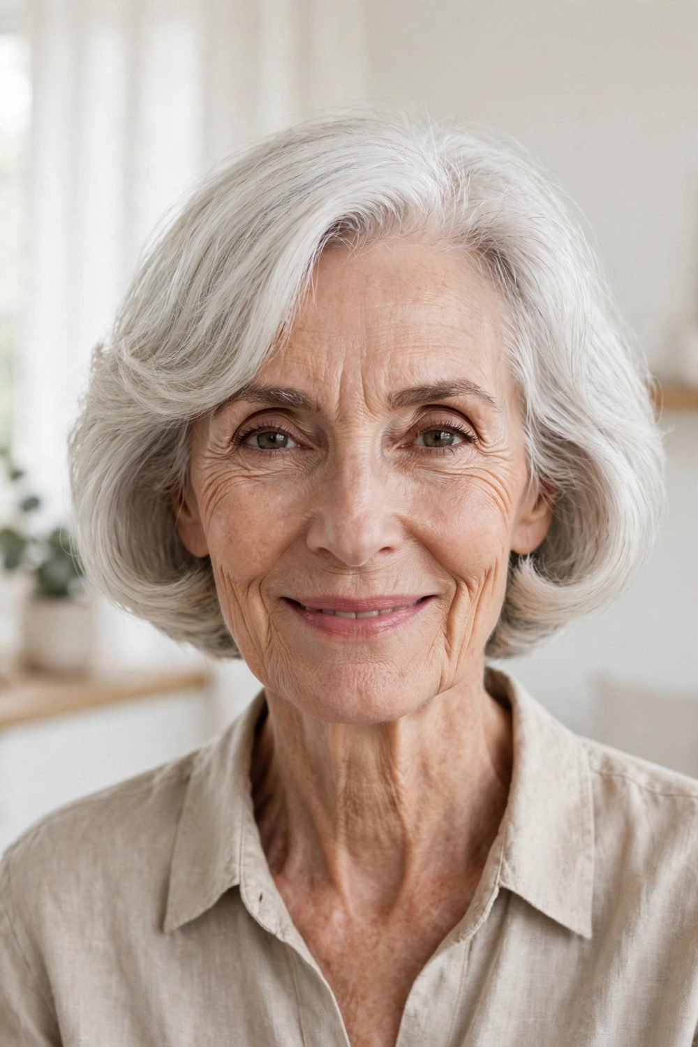 Short haircut for women over 60 with a long face: Chin Length Pageboy With Rounded Sides