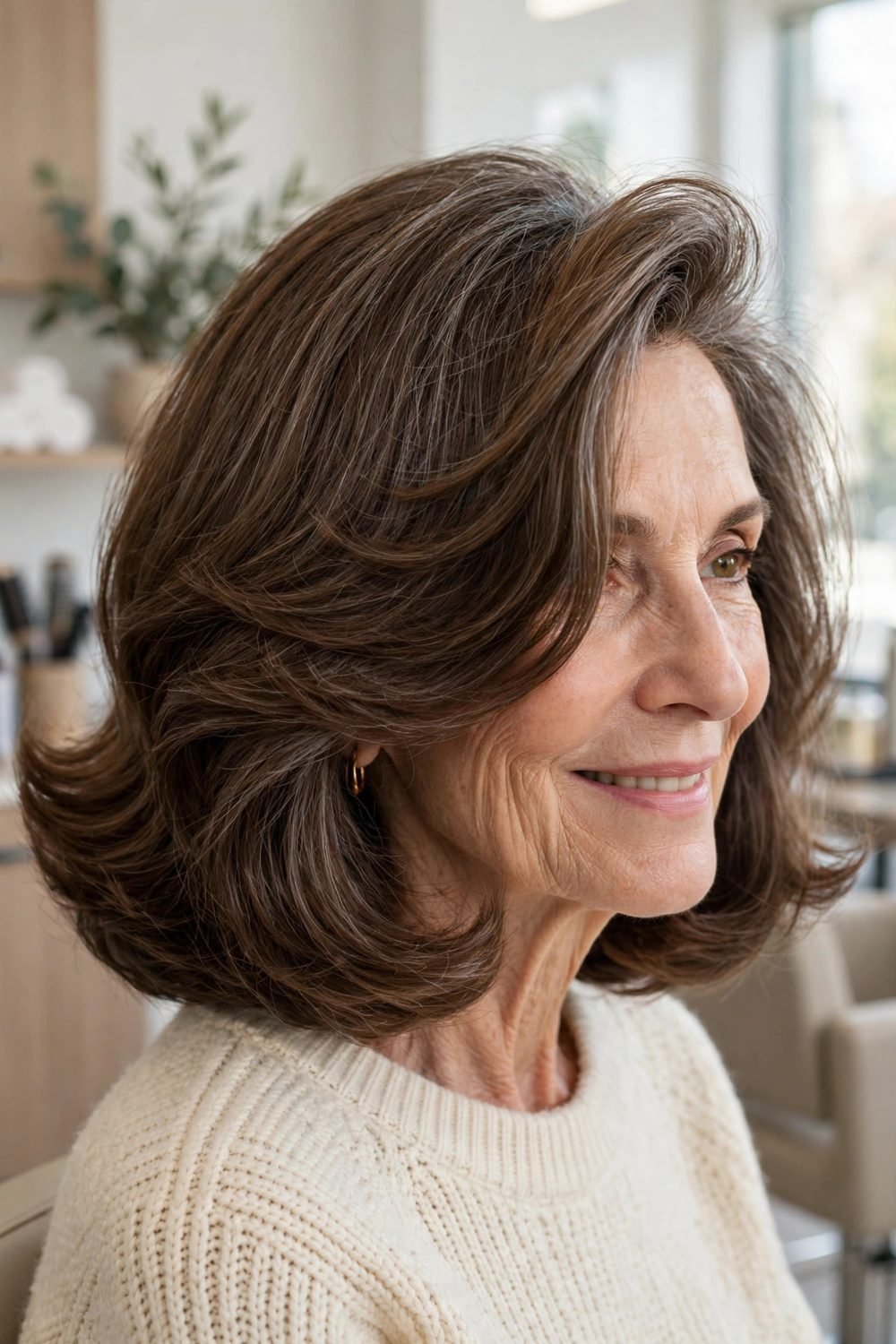 Short haircut for women over 60 with a long face: Voluminous Blowout Bob With A Deep Side Part