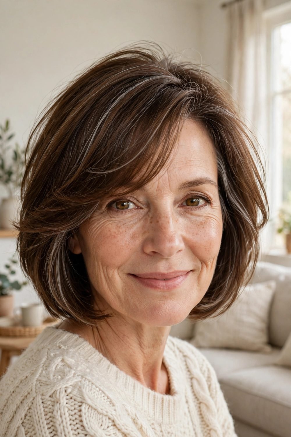 Haircut with side bangs for women over 50: Layered Bob With a Soft Side Fringe