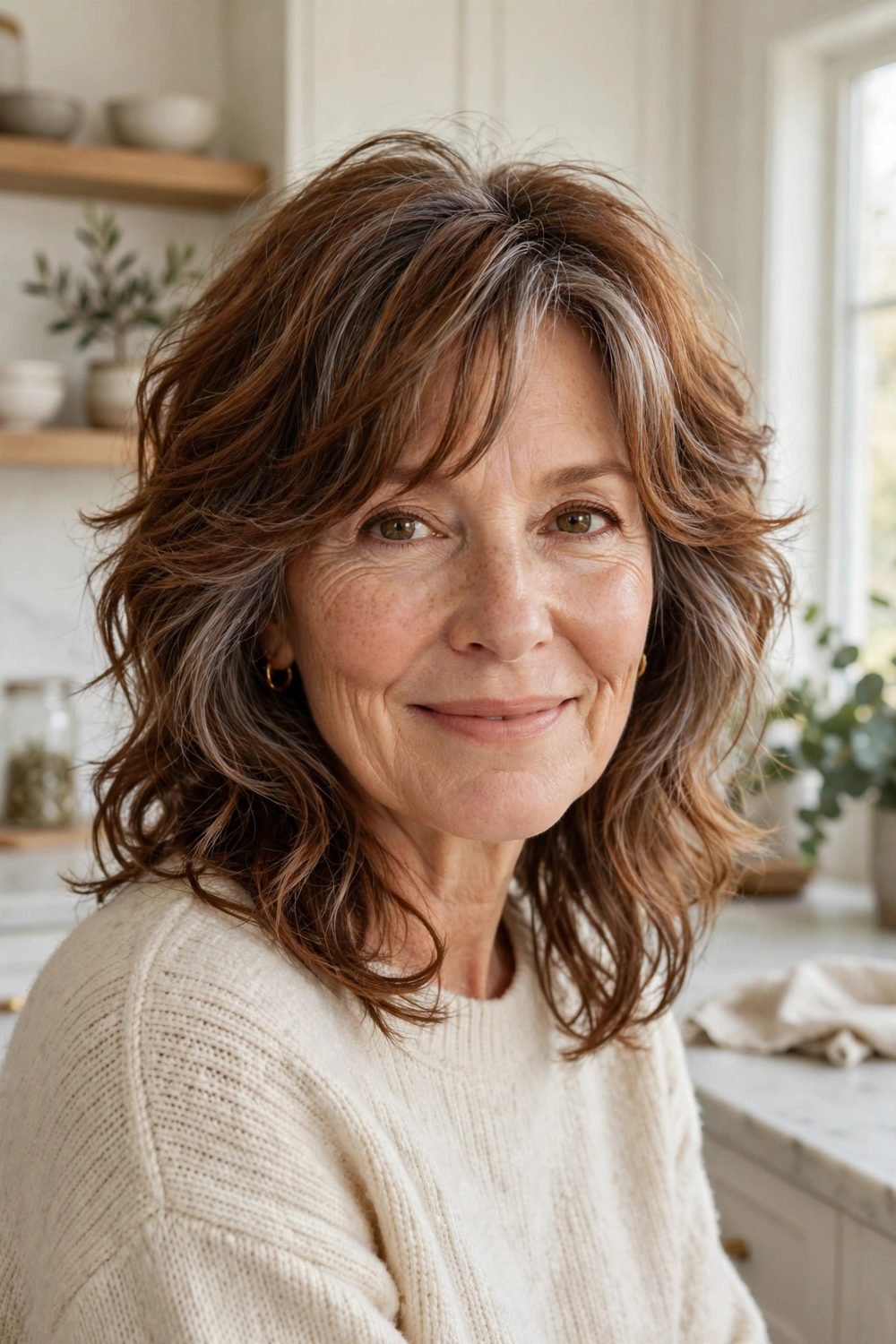 Haircut with side bangs for women over 50: Relaxed Shag With Side Bangs That Fall Open