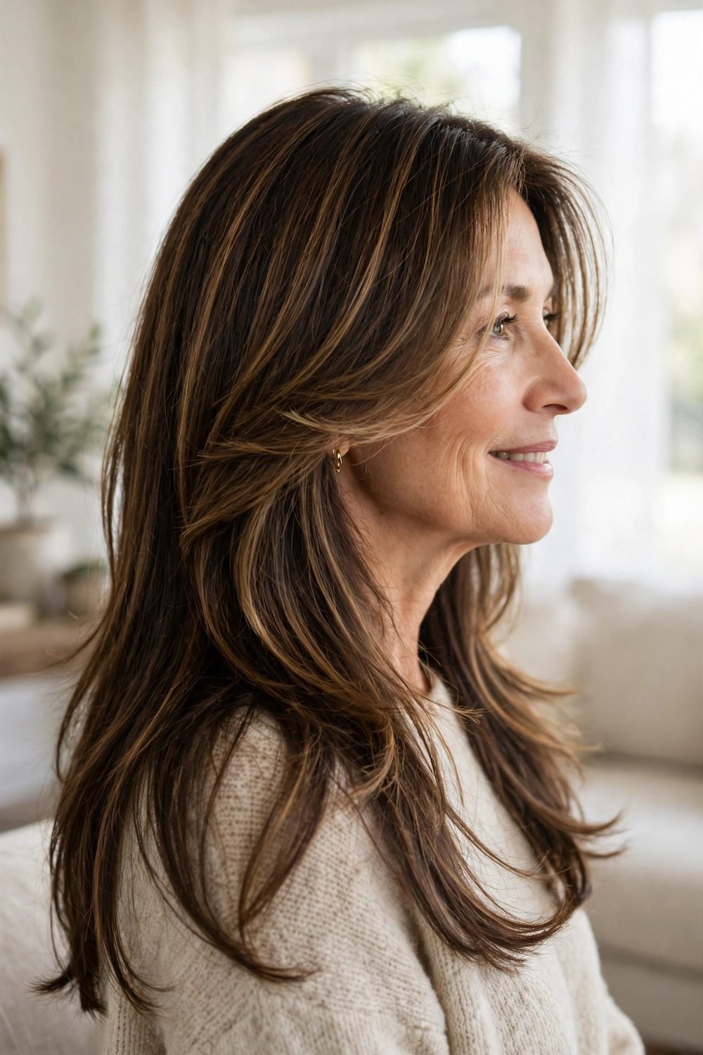 Haircut with side bangs for women over 50: Long Layers With a Feathered Side Fringe
