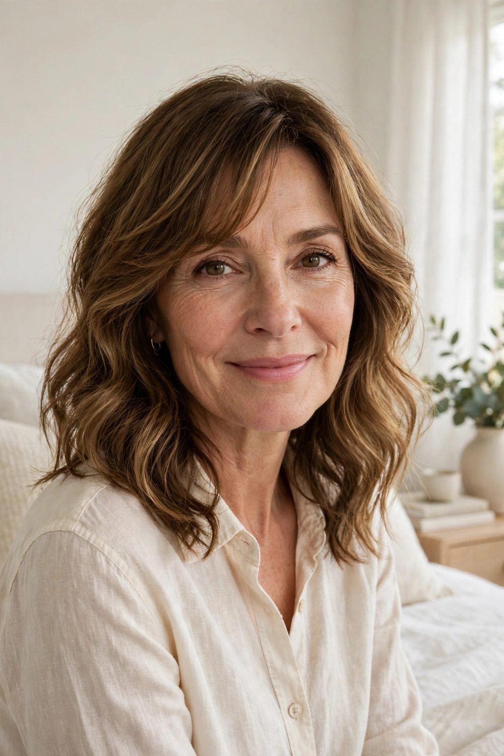 Haircut with side bangs for women over 50: Wavy Midi Cut With Side Bangs That Blend In