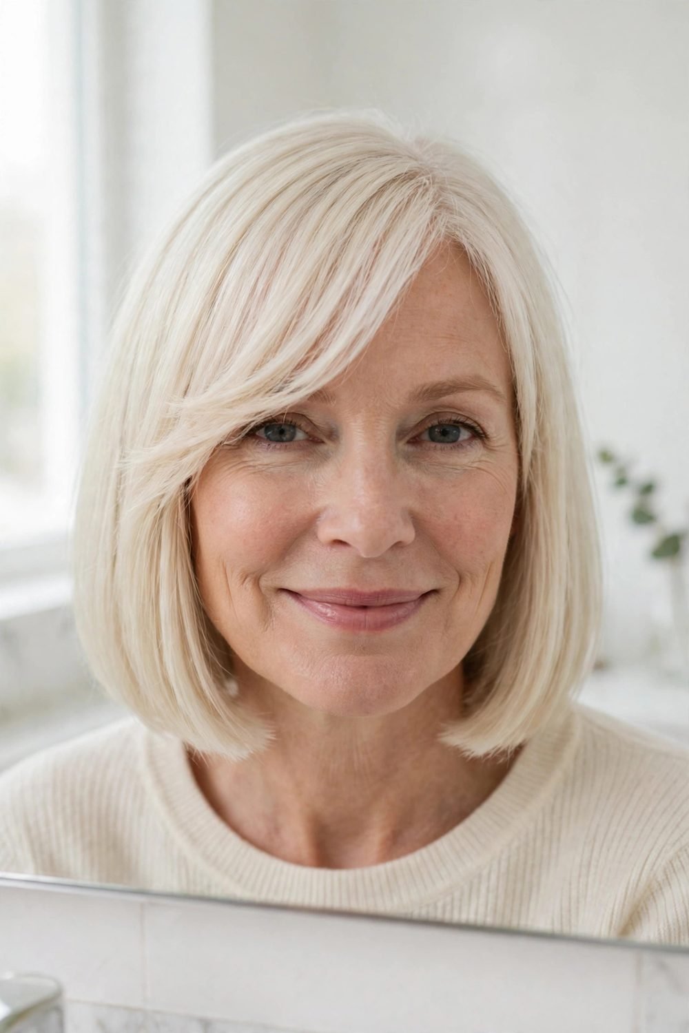 Haircut with side bangs for women over 50: Blunt Bob With a Light Side Fringe for Fine Hair