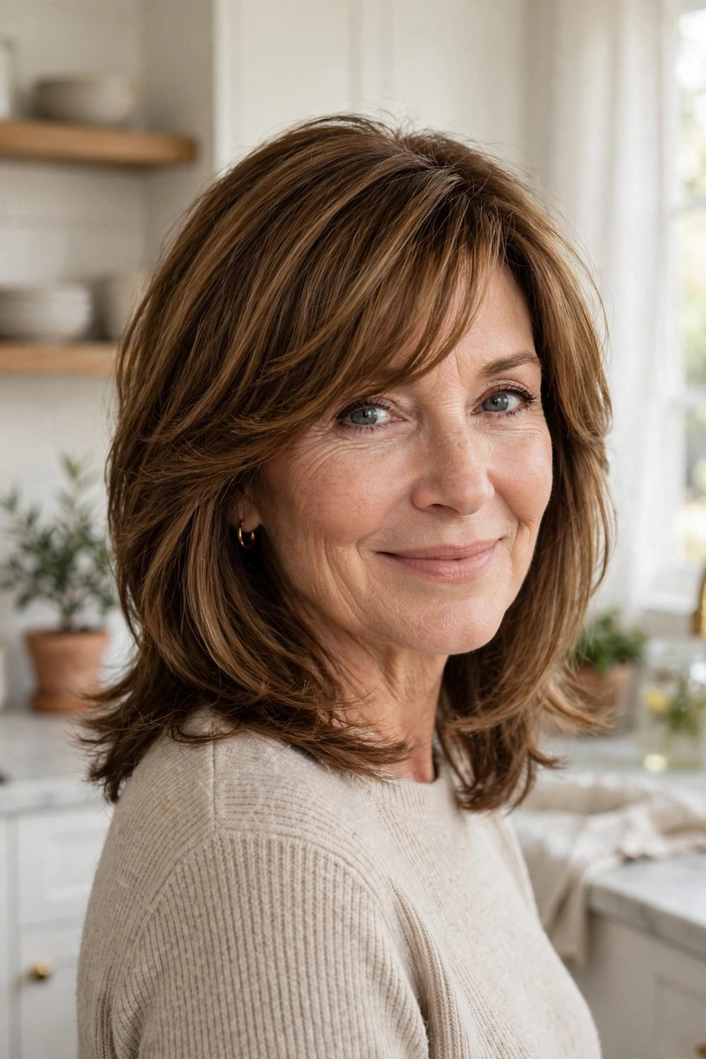 Haircut with side bangs for women over 50: Layered Shoulder Cut With Face Framing and a Side Sweep