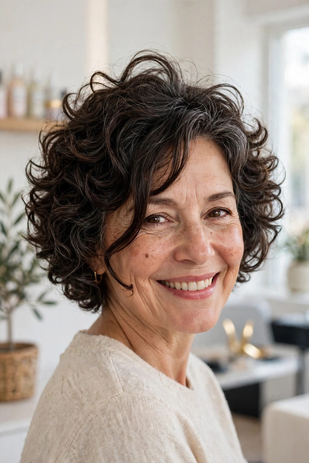 Haircut with side bangs for women over 50: Curly Bob With Side Bangs Shaped to the Cheek