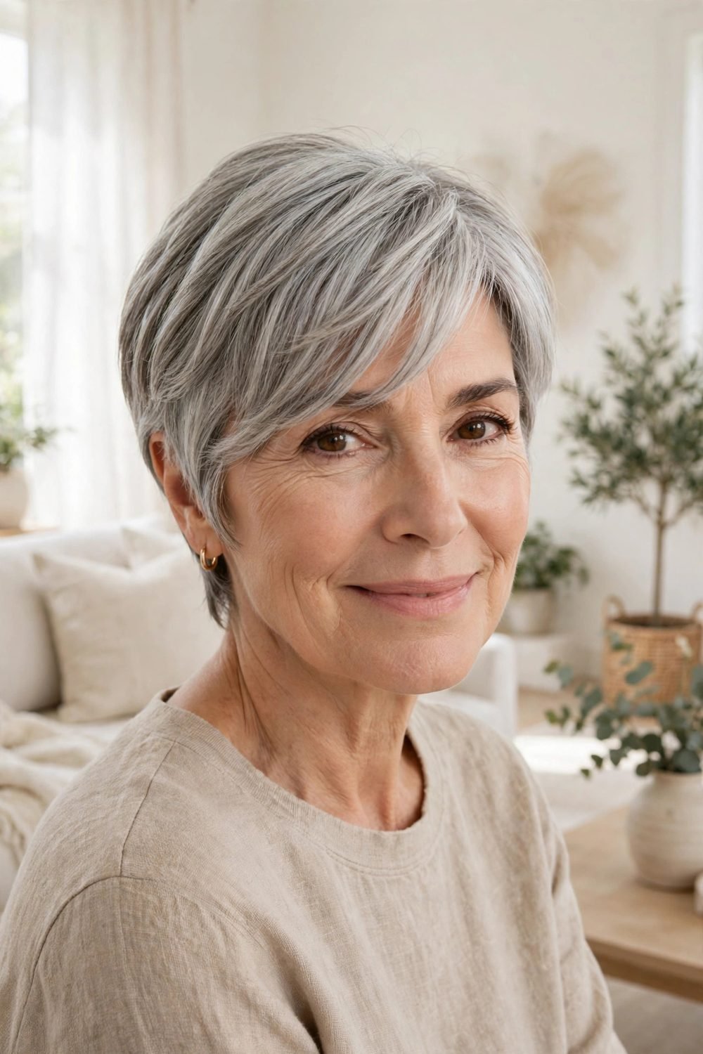 Haircut with side bangs for women over 50: Silver Pixie Bob With a Long Side Fringe
