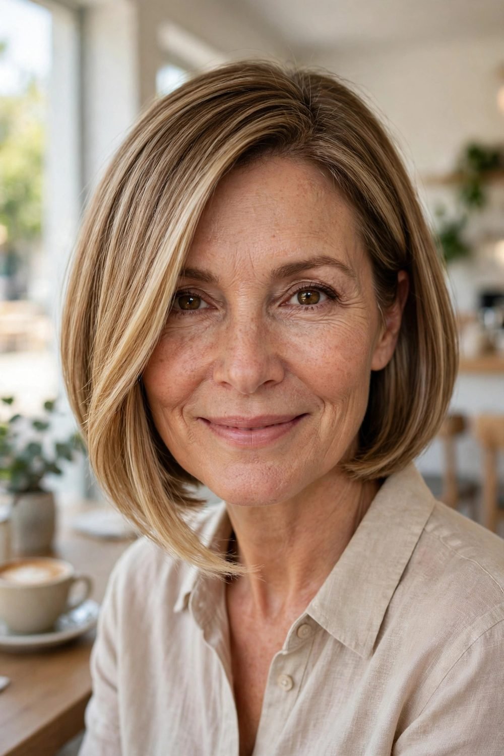 Haircut with side bangs for women over 50: Soft A Line Bob With a Side Part Sweep